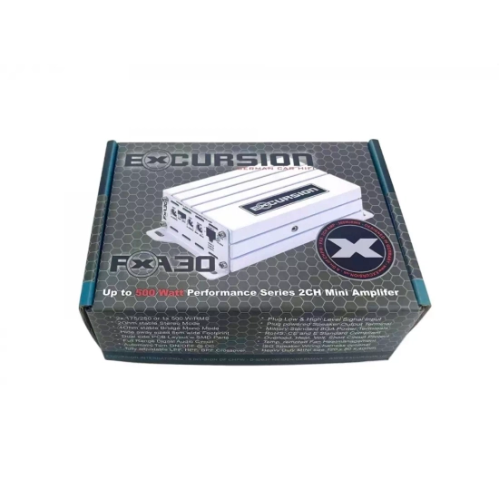 Excursion PXA-30 2-kanałowy mini wzmacniacz samochodowy do fabrycznych systemów audio - moc RMS: 2x175-250 / 1x500W, klasa FRD, wej. High/Low, Auto On